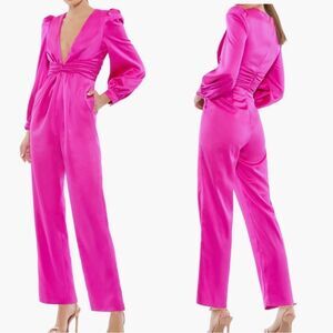 IEENA Mac Duggal Fuchsia Plunge Neck Long Sleeve Satin Jumpsuit NWT Size 4